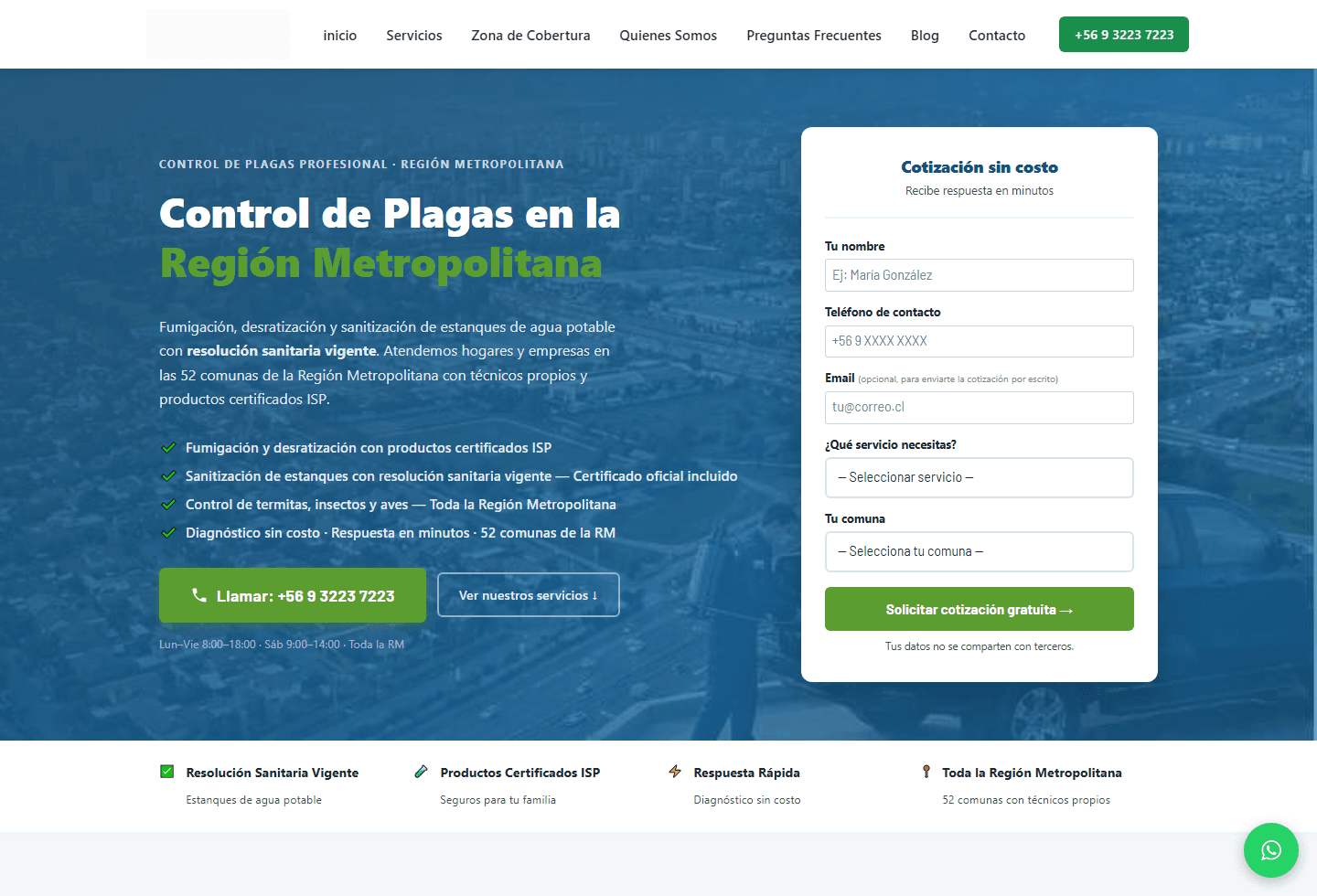 Captura real de sitio web de control de plagas